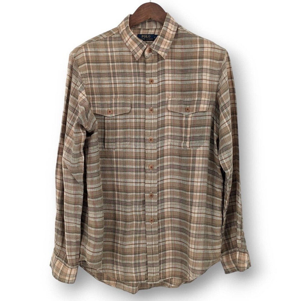 Polo Ralph Lauren Men's 100% Linen Long Sleeve Button Up Tan Plaid Shirt Large - Picture 1 of 8